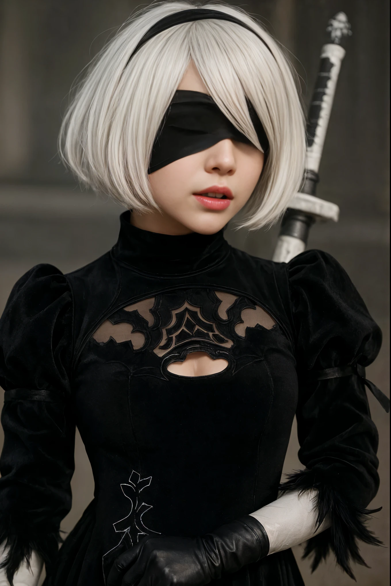 there is a woman with a white hair and a black dress holding a sword, nier : automata inspired, 2b from nier automata, nier:automata inspired, 2 b from nier automata, 2b, 2 b, 2b nier automata, nier inspired, film still of 2b nier automata, nier 2 b, nier autoamata