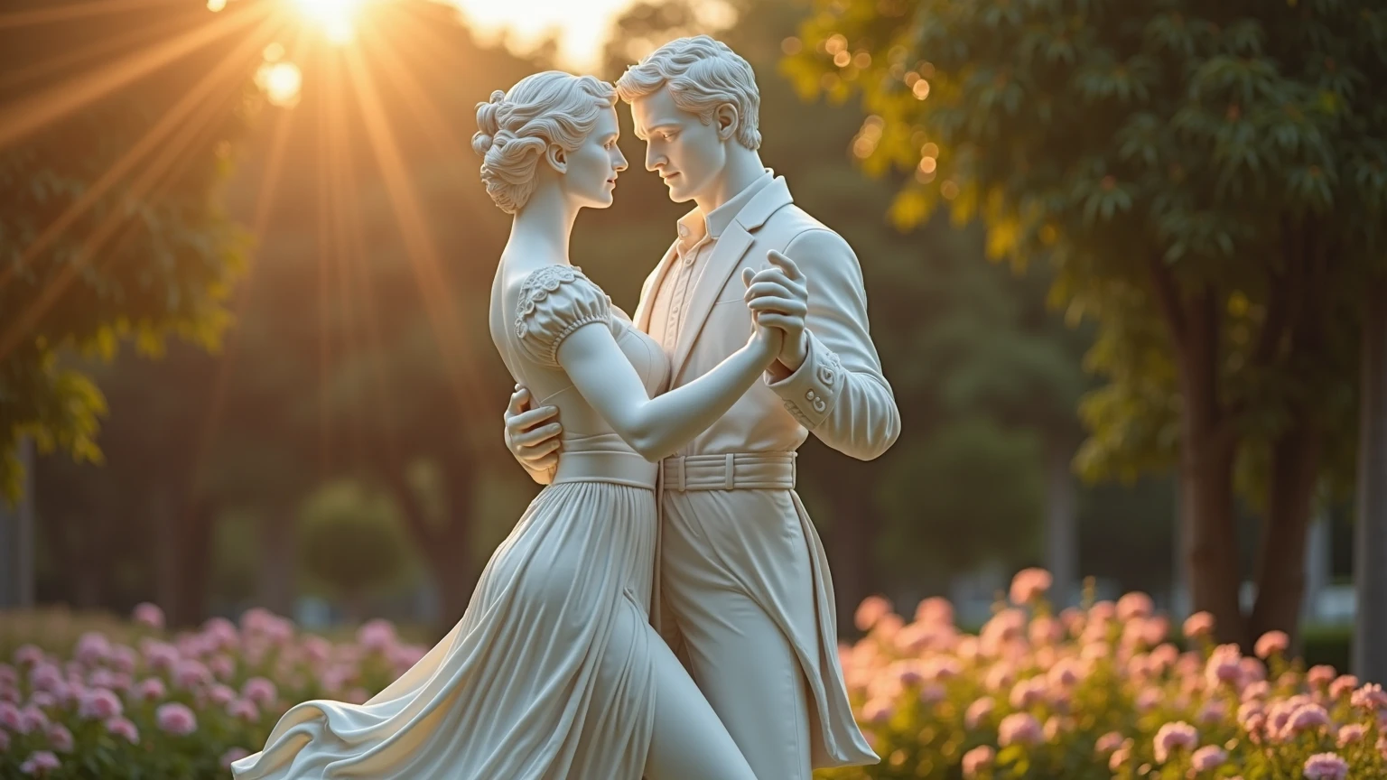 "Barcelona cemetery with marble statue depicting The Kiss of Death (sculpture) in Poblenou Cemetery by Jaume Barba. The photograph captures the exquisite details, accompanied by a beautiful bokeh effect. A masterpiece, raw, dslr, high quality, hyperrealistic, analog style, subtle subsurface scattering, daylight, sun flares"