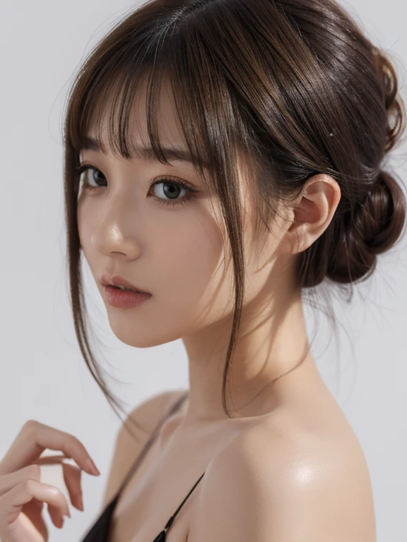 (Raw photography、top-quality)、(realisitic、Photorealsitic:1.3)、top-quality、masterpiece、extremely delicate and beautiful、A highly detailed、nffsw、A sense of unity、2k wallpaper、magnifica、Beautiful in every detail、masterpiece、浅笑、top-quality、Highly detailed ticker Unity 8K wallpapers、huge filesize、ultra-detailliert、hight resolution、ighly detailed、Female 1 Person、Slim body、D-cups、(Black Leotard Top:0.7)、(Pink skirt:1.2)、(Bun hair)、(brown haired)、Look at the front、Sharp Focus、Face Close-up、pureerosface_v1:0.8 Short Hair、Instagram、Viewer's Perspective、selfee