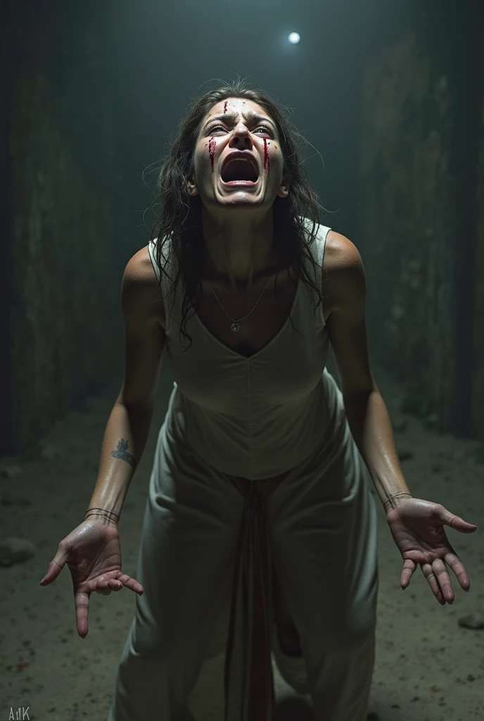 Amazed woman dressed in white screaming for help in the middle of a forest at night, dark evening, Scene from horror, Cinema lighting