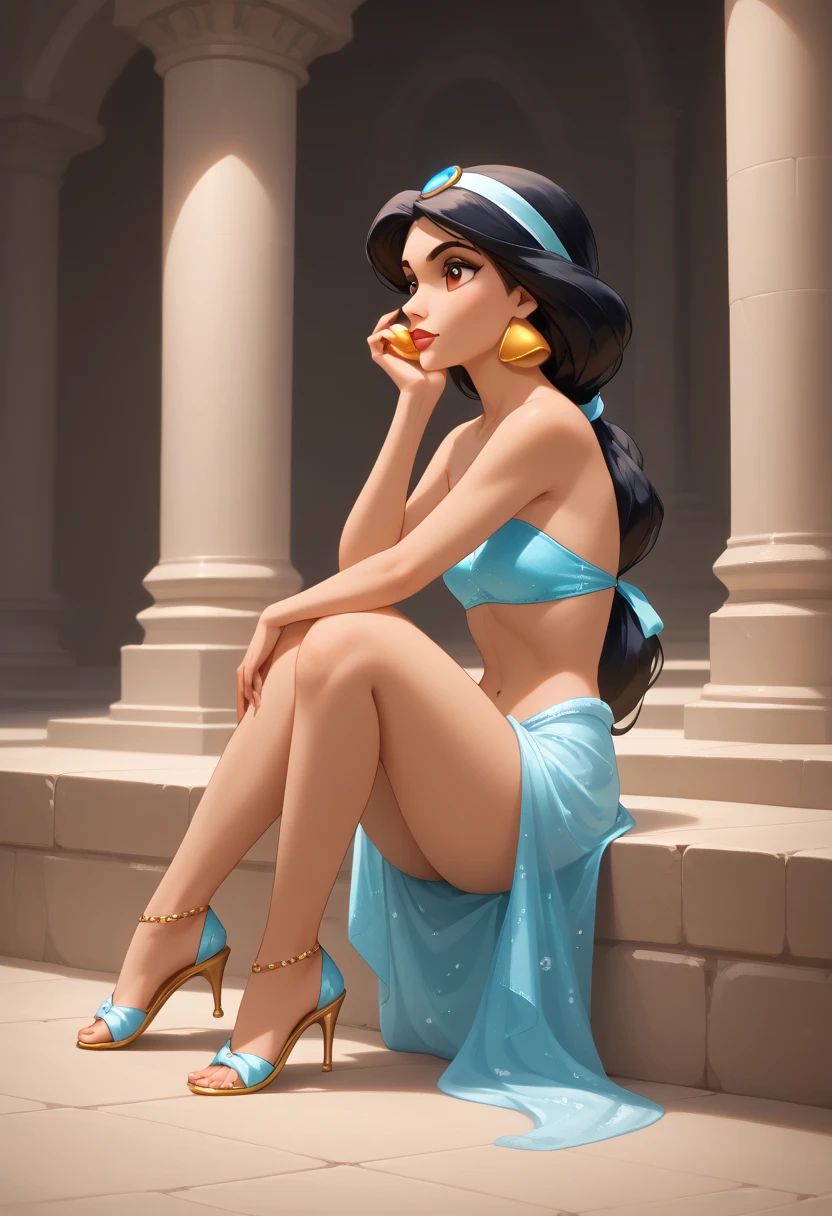 ((full body photo)) jasmine (Aladdin) , jasmine masterpiece, perfect face, Perfect Hands, High Quality, A girl, Alone, feathers, full body approach,  knee-length leather flats , detailed toes,, intricate details, cinematic lighting, 's cousin incredible quality, amazing shading, soft lighting, detailed illustration,  Wallpaper masterpiece , better quality, Perfect Hands, on a bed inside a prison cell with garbage scattered around,   tied with a natural rope  , feet together,  Knees together , elbows together , feet connected to the shoulders,  profile picture. She looks at you, your gauze hurts, stiletto sandals.
