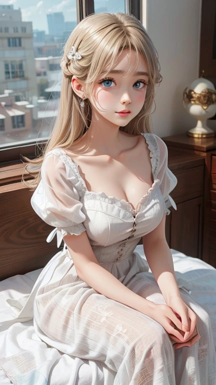 Sweet girl clothes7,skirt, (knee shot), (Surrealism), (illustration), (Resolution enhancement), (8k), (Very detailed), (Best illustration), (beautiful and delicate eyes), (best quality), (super detailed), (masterpiece ), ( wallpaper), (Detailed face),one blonde, curls,(High top fade in and out:1.3), (Smile brightly, bright look), dark theme, soothing tone, pastel colors, high contrast, (natural skin texture, Surrealism主义, soft light, impatient),exposure blending, medium shot, Bokeh, (human development report:1.4), high contrast, (Movie, teal and orange:0.85), (pastel colors, fade, soothing tone:1.3), high saturation, (super detailed:1.2),(big breasts :1.2)