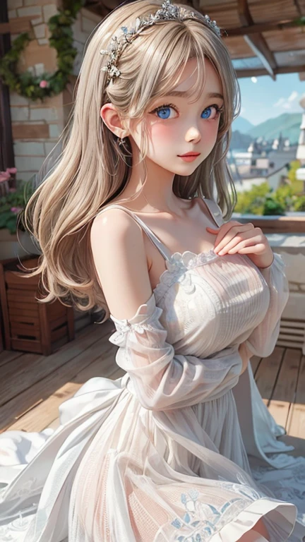 Special clothes58,white dress,pantyhose,green ribbon,striped,, (knee shot), (Surrealism), (illustration), (Resolution enhancement), (8k), (Very detailed), (Best illustration), (beautiful and delicate eyes), (best quality), (super detailed), (masterpiece ), ( wallpaper), (Detailed face),one blonde, curls,(High top fade in and out:1.3), (Smile brightly, bright look), dark theme, soothing tone, pastel colors, high contrast, (natural skin texture, Surrealism主义, soft light, impatient),exposure blending, medium shot, Bokeh, (human development report:1.4), high contrast, (Movie, teal and orange:0.85), (pastel colors, fade, soothing tone:1.3), high saturation, (super detailed:1.2),(big breasts :1.2)