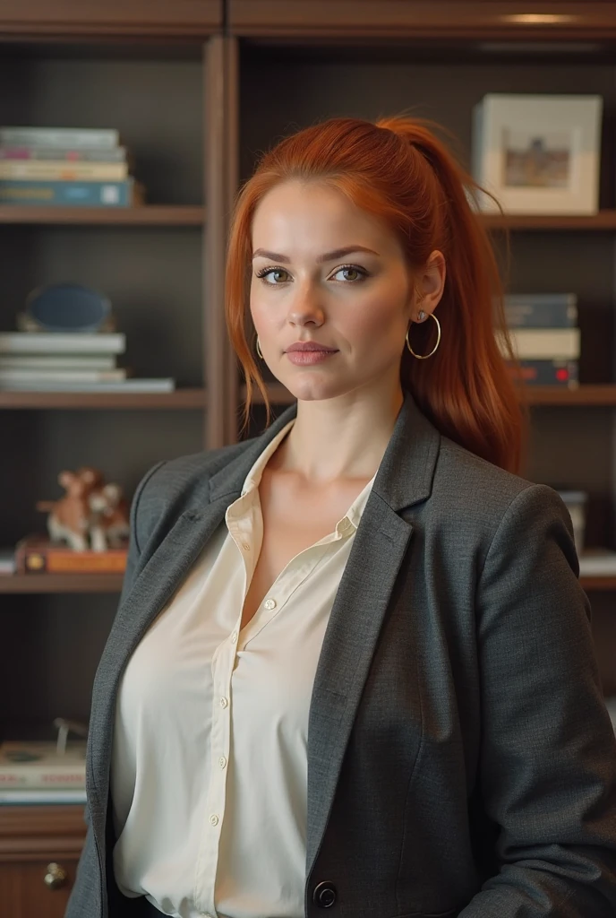 A bussiness woman sitting in a meeting, stylishly dressed in a red blazer, with a laptop placed on the table in front of her. Her ginger hair is meticulously styled. The image should be hyperrealistic and hyper-detailed, with the highest quality possible, such as 4k resolution. Focus on capturing the natural and perfect details of the woman's fingers as she works on the laptop. The environment should be stylish and professional, reflecting the professionalism of the meeting.