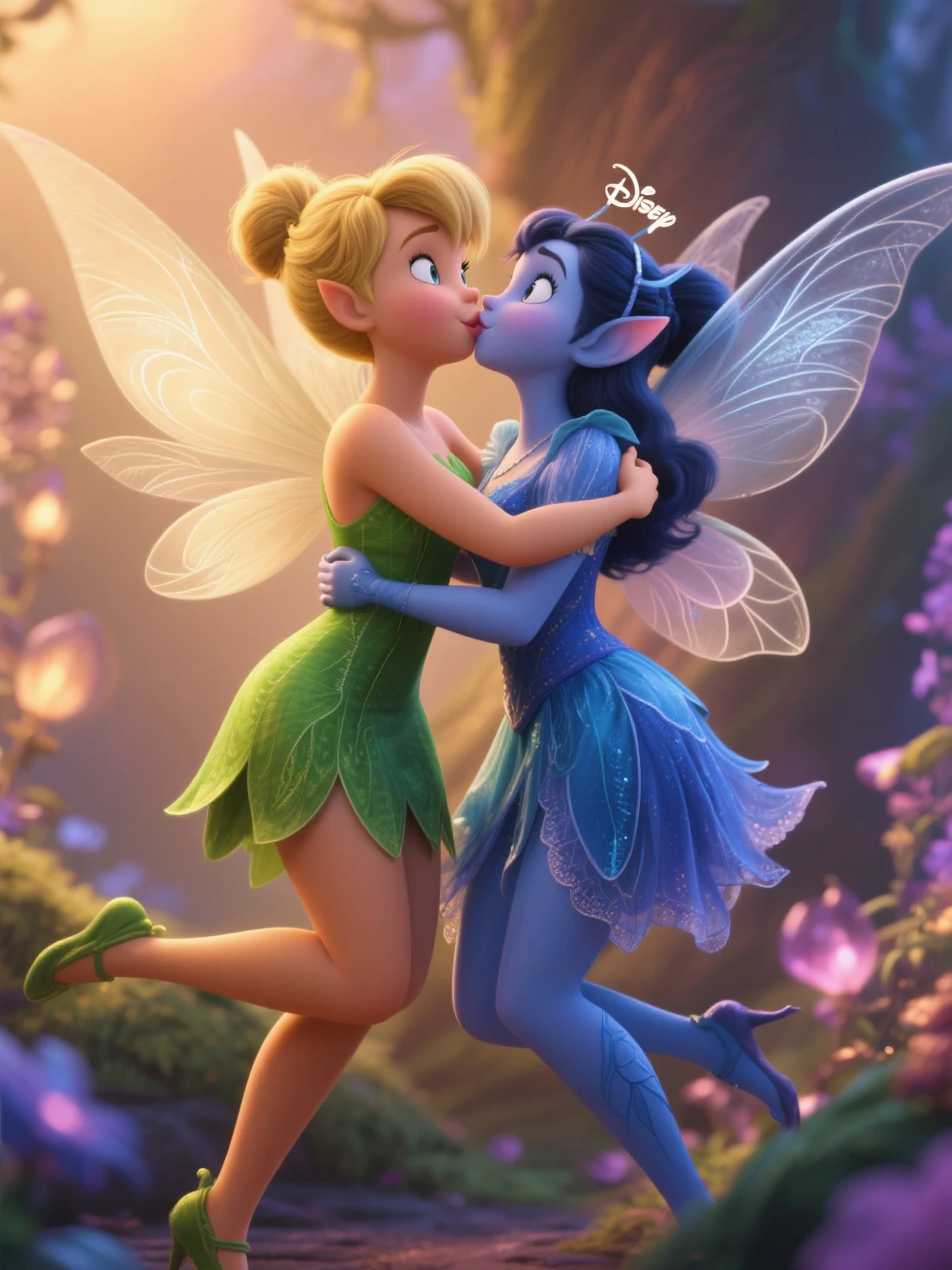 In a mystical forest outdoor shower, Tinkerbell and Snow white are showering. Both are fully wet, soapy and fully naked. Large areolas, nipples erect, discrete pubic hair. They kiss passionately as they grab each other's breasts.
