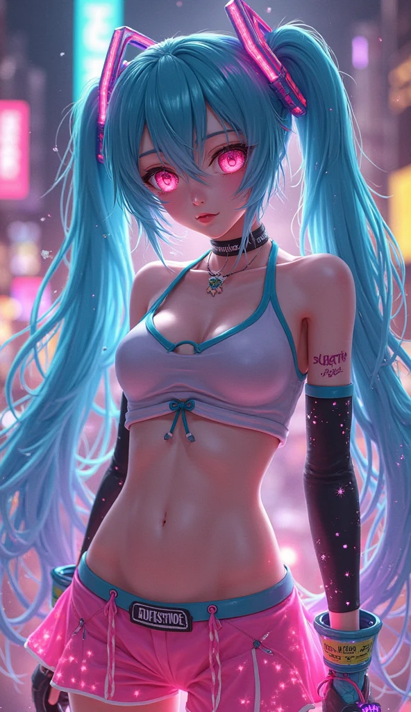super high quality, (8k, RAW photo, realistic), detailed and delicate depiction and flashy and dynamic painting method, white messy medium ponytail, very beautiful woman, annoying sexy expressions, shining blue big eyes, (flat chest:1.3), slender, full body, red big thick lips, wearing red micro thong bikini, background colorful wall, iridescent, professional flare lighting