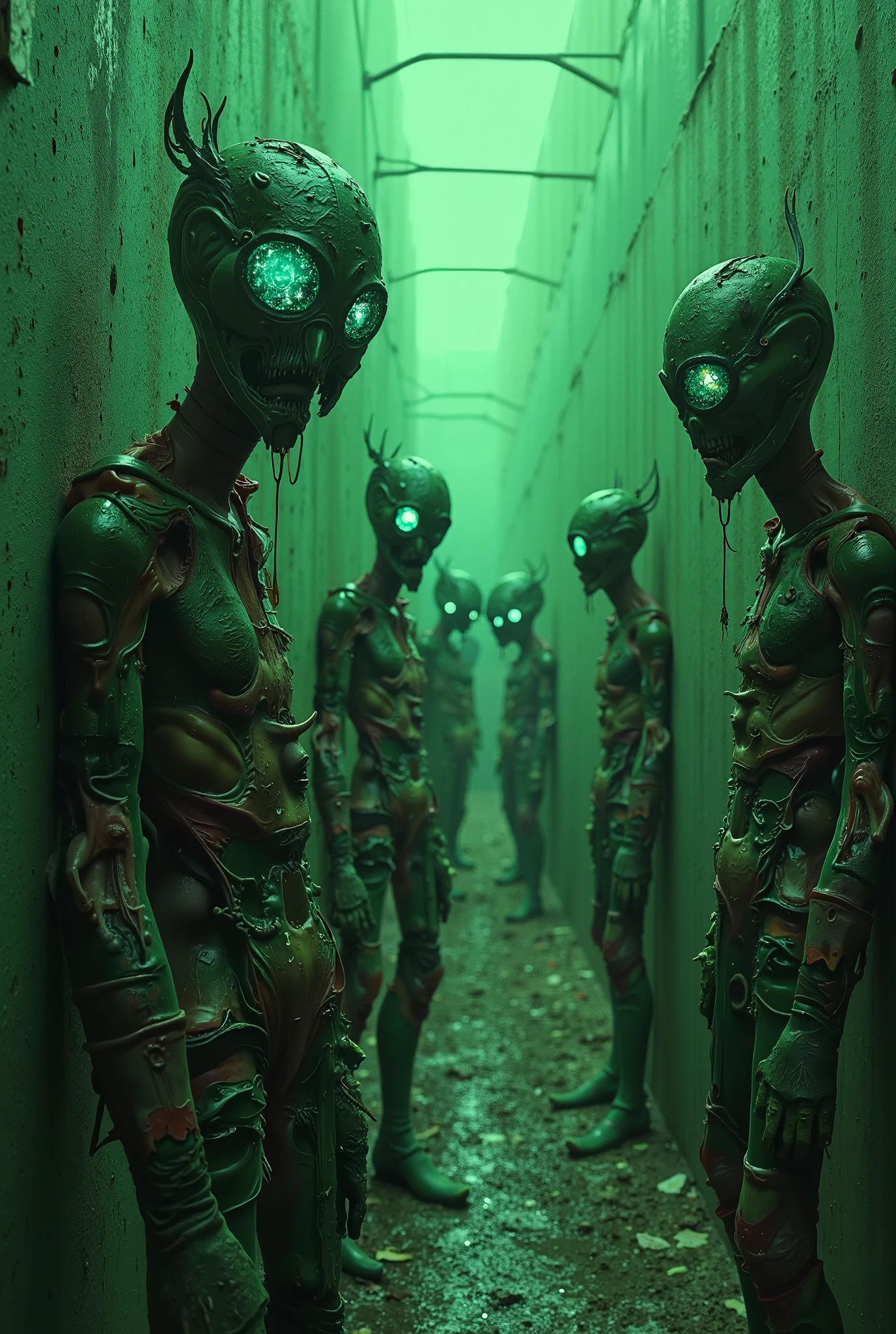 in (medium full shot:3.1) of lot of characters from a movie for slave girls from beyond infinity, inspired by Peter Gric and Greg Rutkowski, futuristic apocalypse, stalenhag, metal album cover, gwar, heavy metal band promo, wayne barlowe pierre pellegrini, (with Creepy, Sci-Fi, Fantasy and Horror:2.9) retro sci fi, Horror movie, very detailed body, moody, epic, ((Cinematic film)), ((Ultra Detailed)), Complex, ((Sharp Focus)), Object Texture, Studio Photo, Complex Details, ((Highly Detailed)), Photo Real Style, ((Hyper-realistic)), High Dynamic Range, ((Realistic Textures)), 8K UHD, Nikon D 850, Kodak Portra 400, Fujifilm XT, rich colors, (3D rendering:3.1)