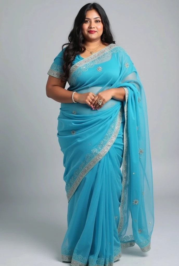Blue saree, stamding position, bright skin , chubby body with perfect figure , perfect eyes, straight silky hair , chubby boobs ,no jaw line , dimple, thick thighs,