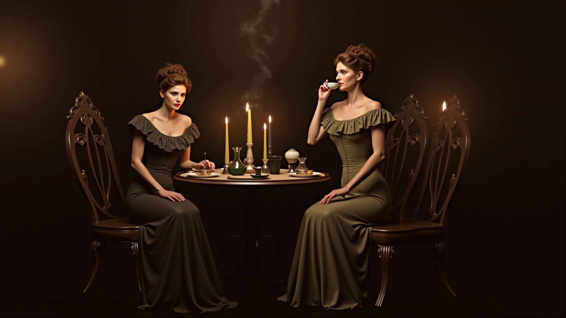 a group of women smoking in a dimly lit and smokey parlour with their backs to the camera, their attention all focused on one point. victorian, royal, sumptuous furnishings