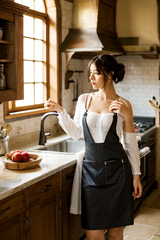 (hyperrealistic), (illustration), (high resolution), (8K), (extremely detailed), (best illustration), (beautiful detailed eyes), (best quality), (super detailed), (masterpiece), (wallpaper), (detailed face), solo, (dynamic pose), 1 girl, white wavy hair in the kitchen, heterochromic eyes, ((apron)), long legs, tightens abs, (black stockings), (thick lips)
