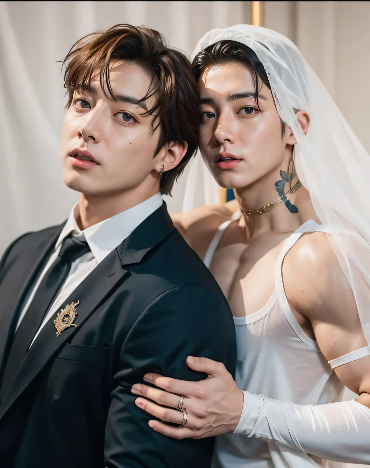 ((masterpiece)),((bestquality)),8k,high detailed,ultra-detailed, Neutral Expression, Stylish Pose, real skin texture, cinematic lighting,
Gay couple in the style of royal
