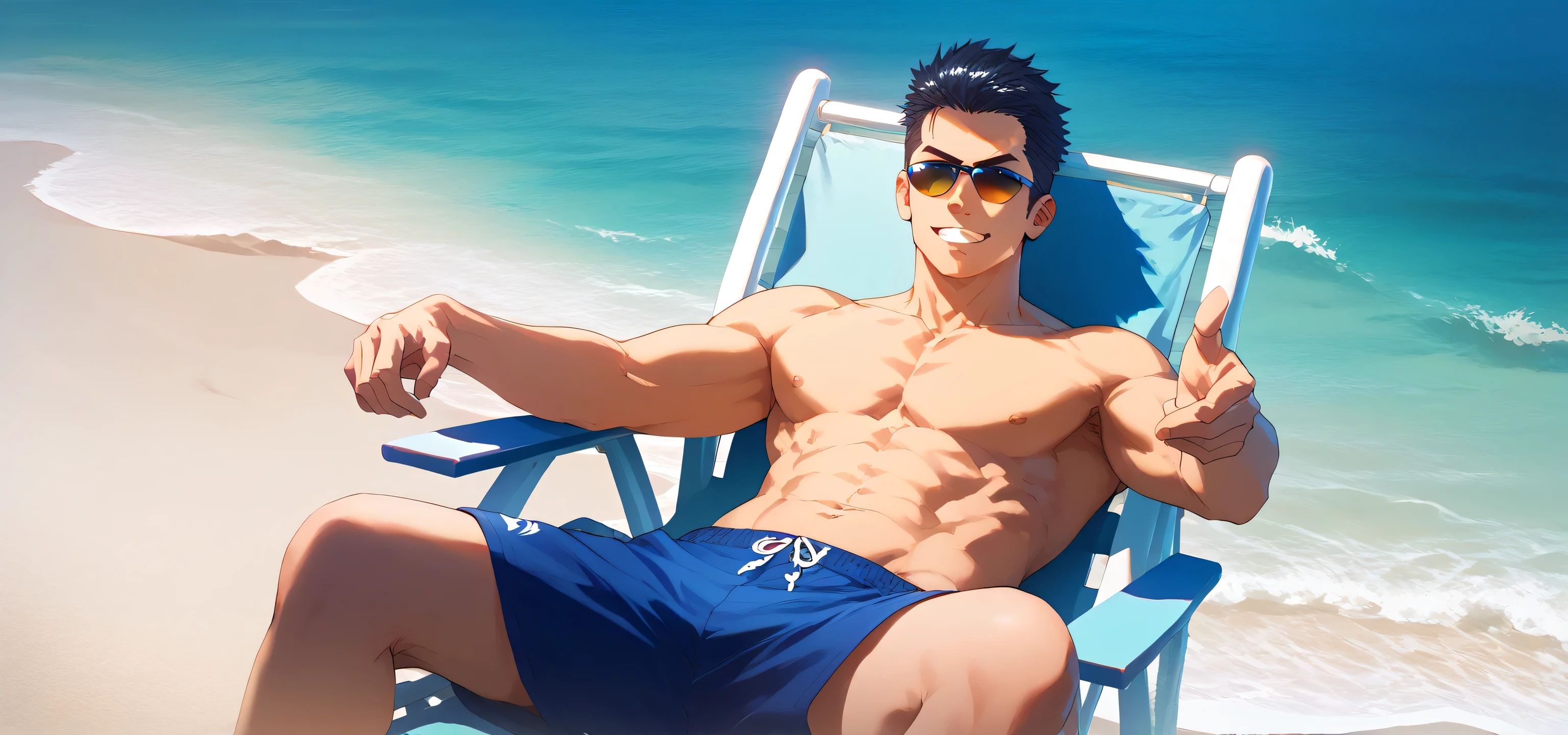 A faceless musuclar man sitting up on a blue lounge chair at the beach, closeup portrait, he is pointing dramatically, short black hair, wearing sunglasses, wearing blue swim trunks, shirtless, susicious expression, detailed. Masterpiece, beach background,