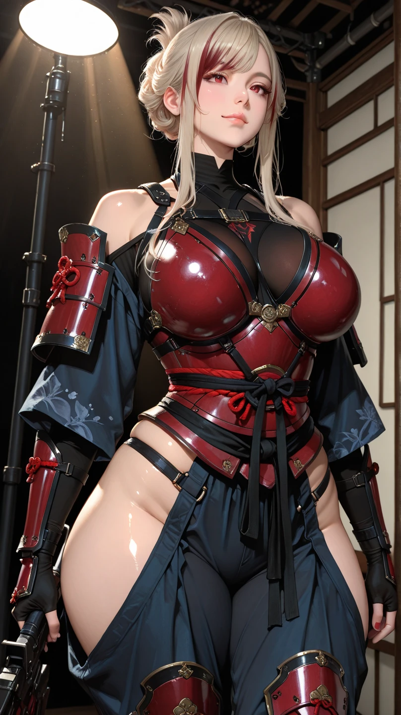 (((blond hair))) (((alone samurai girl))) (((beautiful woman))) (((big breasts)))) (((red and black samurai armor))) ((makeup light))) (((cherry trees in the background))) (((full body))) (((eyes covered by a mask)))