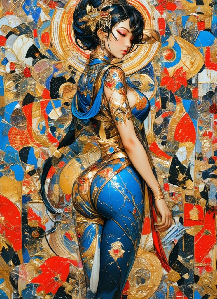 En un mundo virtual, una gran cantidad de datos pasan zumbando en todas direcciones., En el centro de la imagen, una mujer muy hermosa con un peinado colorido y un mono de colores brillantes mira el mundo que la rodea.. (La mejor calidad)  obra maestra ((pechos muy grandes)) ((cabello rubio)) (cuerpo delgado)
