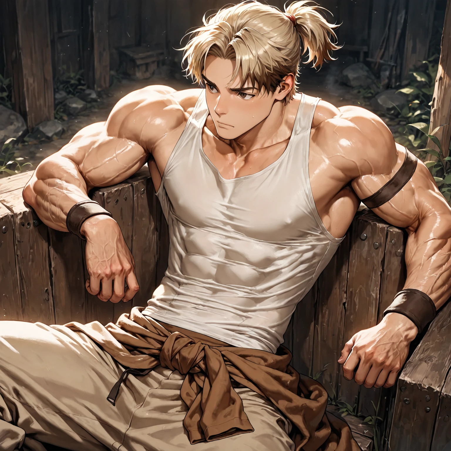 masterpiece, best quality, There is a cartoon,A man holding his crotch, muscular character, muscular male hero, muscular的姿势, muscular!, muscular!!, Medium shot of handsome guy, High resolution commissions, muscular! Medieval style, Super charming and cool, Heavy hand gesture style close-up, Very strong, muscular!!!, Muscle Man, muscular characters, muscular! , Open your mouth,Stick out your tongue, Ash-gold eyes, Delicate eyes, Light Blonde Gray Hair,Half naked,The background is the dungeon,groundwater,moss,Stone bricks,Moss stone,Pillar of Fire,sit on the floor,Look up at the camera,The legs were forked,Black briefs,