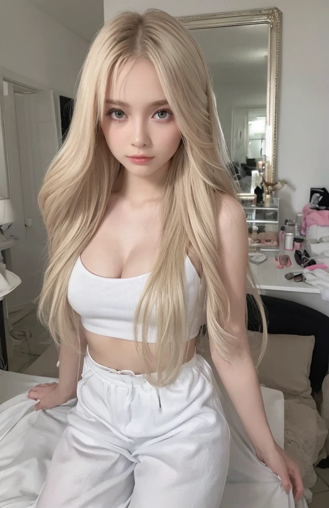 22 year old adult girl looking from below with very light blonde hair, ojos grandes y labios gruesos, pale skin, ropa rosada y tierna.