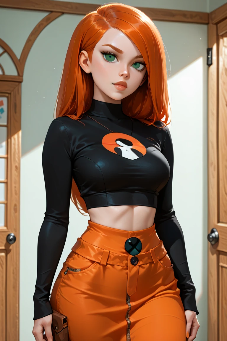Cartoon girl with red hair and green eyes wearing a black shirt, Kim Possible, character in normal pose, Lola Bunny Fanart, cel - shaded art style, cartoon art style, cell shaded animation, Anya from Spy X Family, cel shaded!!!, Shaded cel: 15, casual pose, has long orange-brown hair, red-haired girl, fanart girl