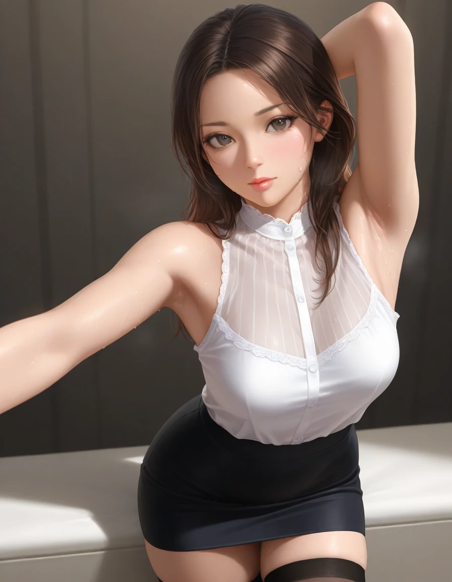 photo realistic, anime style, (8k, RAW photo, best quality, masterpiece:1.2), High detail RAW color photo, professional photograph, cowboy shot, (realistic, photo realistic:1.37),cinematic light, (finery detailed face:1.2), cowboy shot, thigh 1 girl in bath, 28-38 years old, very cute, very beautiful, photo realistic, event companion, BREAK, white oily skin, real human skin, (detailed face), oval face, pores, round eyes:1.0, ultra high res, BREAK, slim, (medium-large-breast:1.37, cleavage:1.37), (looking straight at viewer with a serene and goddess-like happiness:1.2), (lifter gloss, eyelashes, gloss-face, best quality, ultra highres, Broad lighting, natural shading), (beautiful thin short hair, wavy pony-tail hair style:1.5, shiny-black hair:1.5), BREAK, (esthetician uniform:1.3, blue satin shirt;1.3, open shirt:1.3, magenta-lace-bra:1.3, red knee-length satin-pencil-skirt:1.3), BREAK, ((standing in the ring, The audience seats are drawn in the background:1.5)), ((from below:1.3, standing in the ring, leaning forward)), blurry background, bokeh, depth of field, cowboy shot:1.3, centered image,