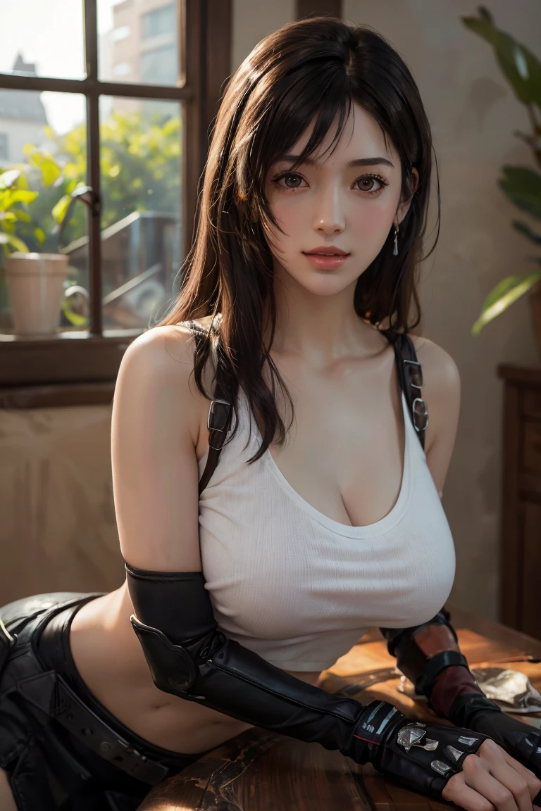 Masterpiece, highres, high Quality, detailed face, detailed body render, 1girl, solo, hyuuga hinata, hinata-sleeveless-outfit, large breasts, big breast, sleeveless shirt, fishnet top, dark lips, unzipped jacket, no bra, breasts out, nipple, standing, blushes, (on bedroom)