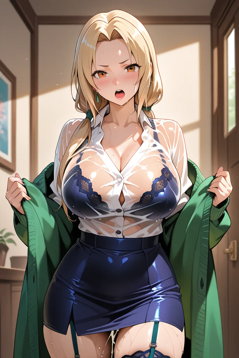 blonde wavy hair、cute anime face、thick thighs、8K、4k、highest quality、(High resolution:1.6)、noise reduction、((glowing green eyes、high detail eyes:1.5、Sweat、blush、open your mouth))、(SFW huge body:1.5)、(((model pose)))、(white calvin klein underwear)、(sexy back view、arched back、T-back that digs into your butt、emphasize the buttocks)