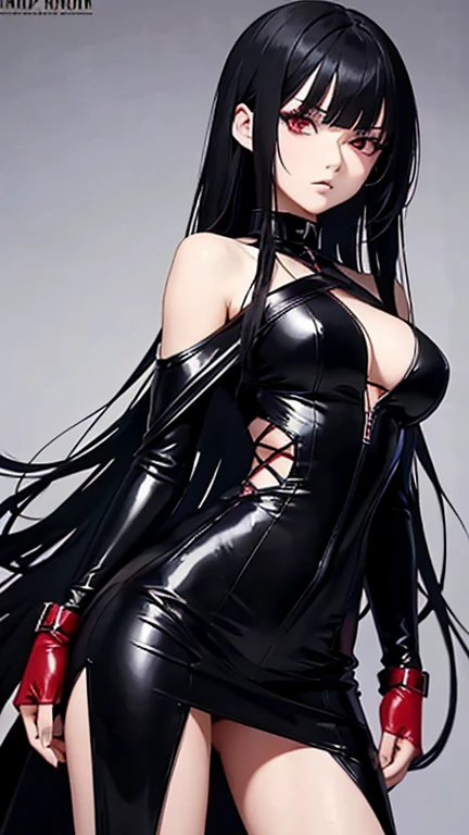 masterpiece,stunning realistic,best quality,sharpness,sharp face,smil,Rot im Gesicht sein,Photo of the upper body
black long hair,purple eyes,big ,tanktop,cargopants with many pockets,black cloak,silver necklace,silver chain,black gloves