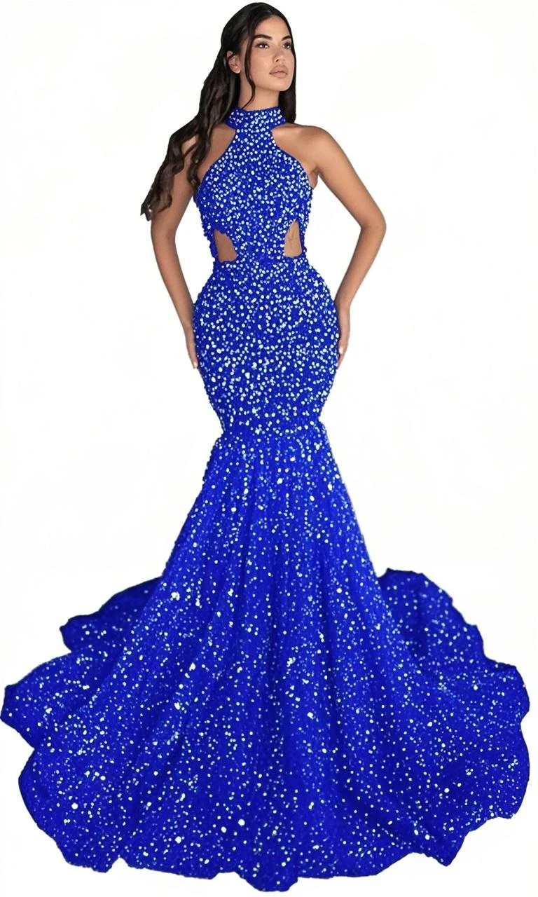 A beautiful young black woman with raven-black hair wears a midnight blue ballgown speckled with rhinestones that sparkle like a night sky adorned with stars, dress is intricately adorned with shimmering rhinestones, outdoors at night beneath the moon and starry sky, the rhinestones form intricate patterns reminiscent of constellations against the night sky, the sweetheart neckline of the gown is modest yet alluring with delicate straps that frame her shoulders and collarbone, corseted bodice, the hem of the skirt flutters gently, the gown's train trails behind her like a comet's tail, midnight blue satin opera gloves!!