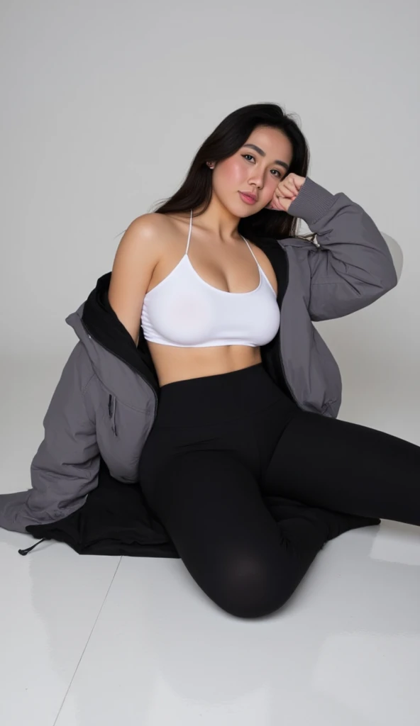 Close up portrait of woman in white jacket and panties, Her belly button is exposed, Calvin Klein Photos, Dressed in white, 2 4 old female model, Jacket over a bare torso, Belly button display, Japanese Model, Attractive body, Calvin Klein Photos, Slim girl photos, Bralette, Revealing clothes, Slim girl model photo, Sexy figure