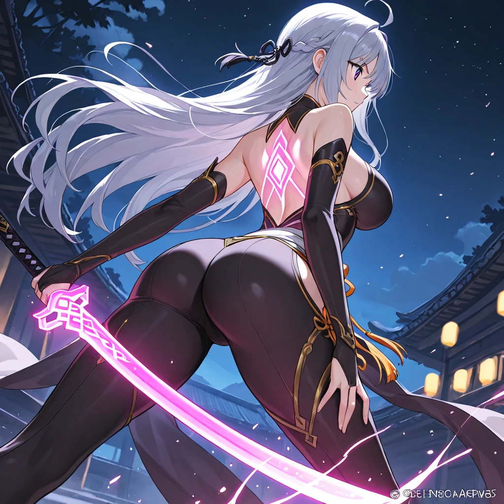 ((​masterpiece)), Best Quality, ((from the front side)), 1 Girl Elf, Detailed Silver Shorthair, Pink eyes, (Shiny skin), Samurai Ware, 18 years old, Cute, frilld, Japanese Sword, black backgrounds,neon color,