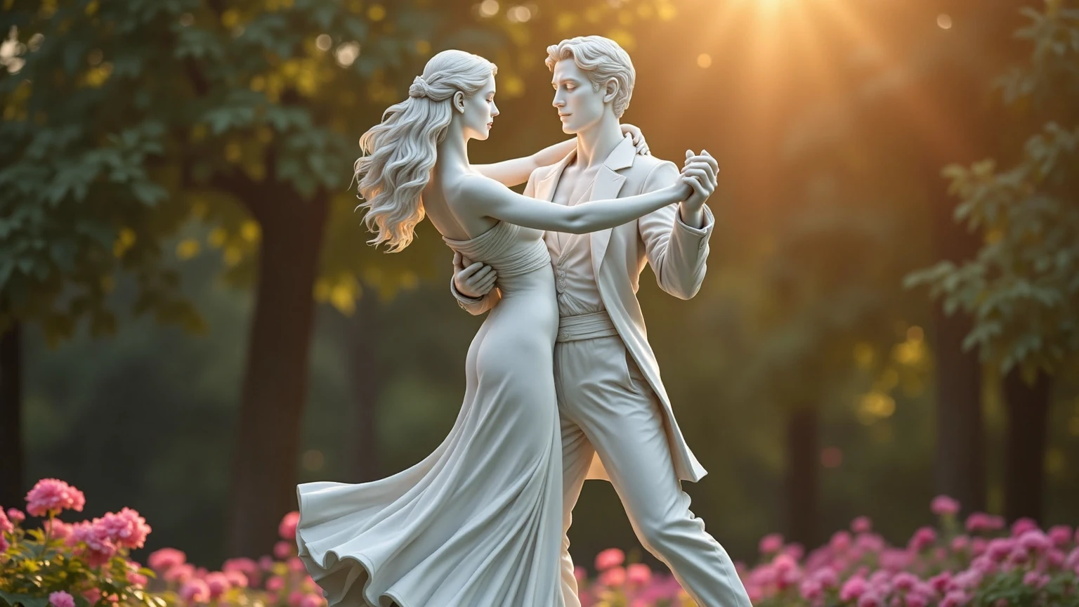 A handcrafted crystal sculpture depicting a couple dancing under the moonlight. The sculpture is made from pamcrystal and inspired by the theme of "Moonlit dance for two, Shadows blend under the stars, Whispers in the breeze." The figuring captures the essence of this theme with intricate details that evoke the feeling of a romantic dance on a starry night. The sculpture is set against a backdrop of shadows and moonlight, with wispy tendrils of crystal representing the gentle whispers in the breeze. The couple's movements are captured in fluid lines and curves, as if they are caught mid-step in a graceful dance. The environment suitable for this theme would be a serene garden or a peaceful outdoor setting, where the moonlight casts long shadows and the stars twinkle overhead.