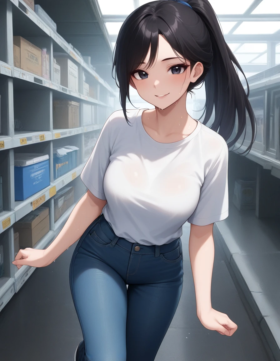 heterochromia, high-waist skirt, topless, hands covering chest, hair bun, dark skin, blurred convenience store