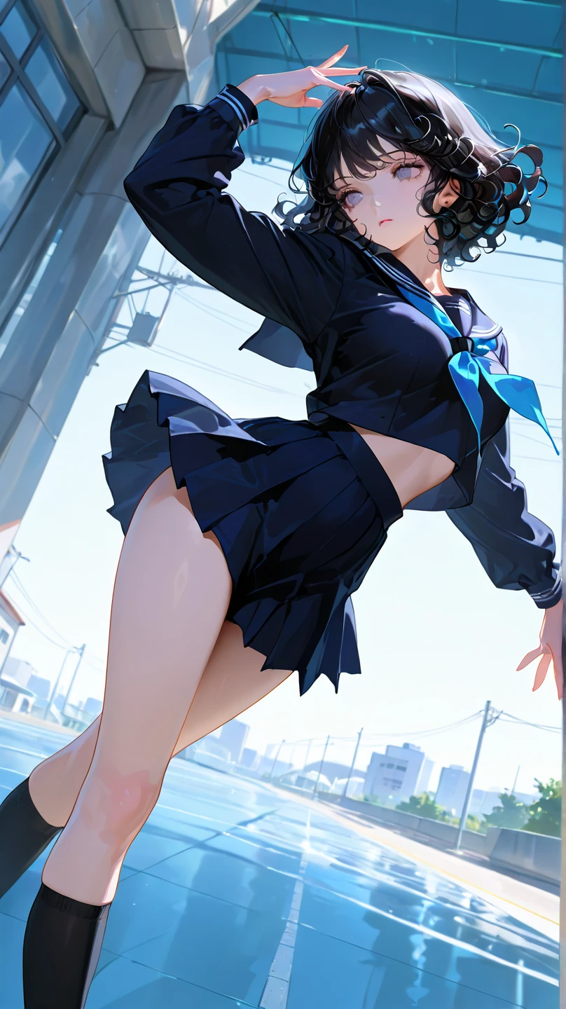 Browsing Caution,(Highest quality, 8k, masterpiece:1.3,beautiful girl), (Very detailed)Glowing Skin,((Short sleeve, cute navy sailor suit, Navy Pleated Skirt, Navy sailor collar, Blue Sailor Scarf, socks, Brown Loafers)), running、Mr. Turning,(Perfect Anatomy, Anatomically correct, Very detailed肌),((Golden Eyes)),((Perfect Fingers,Five Fingers)),((Black Hair,Bobcut,)),Natural Makeup,Smile in full bloom、Rear View、cheeks turn a little red,Please put your shoes back on,Town,((Man pulling hand))