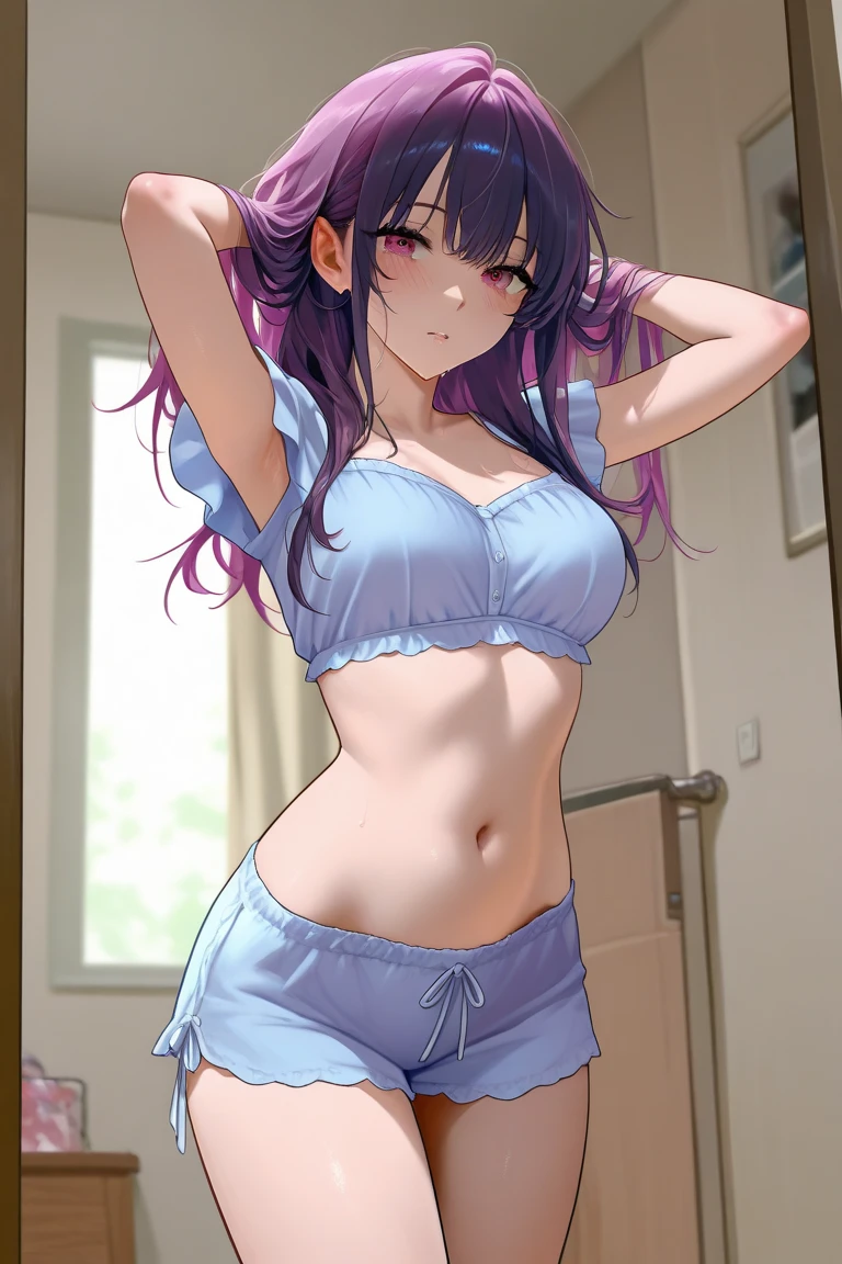 masterpiece、highest quality、Very detailed、Photograph the upper body、1 female、(Put your arms behind your back:1.4)、Are standing、Turn your body forward、View your viewers、(blue-night gown)、break,blush、shy、Pink Hair、Open your mouth、living room、night、Big Breasts、