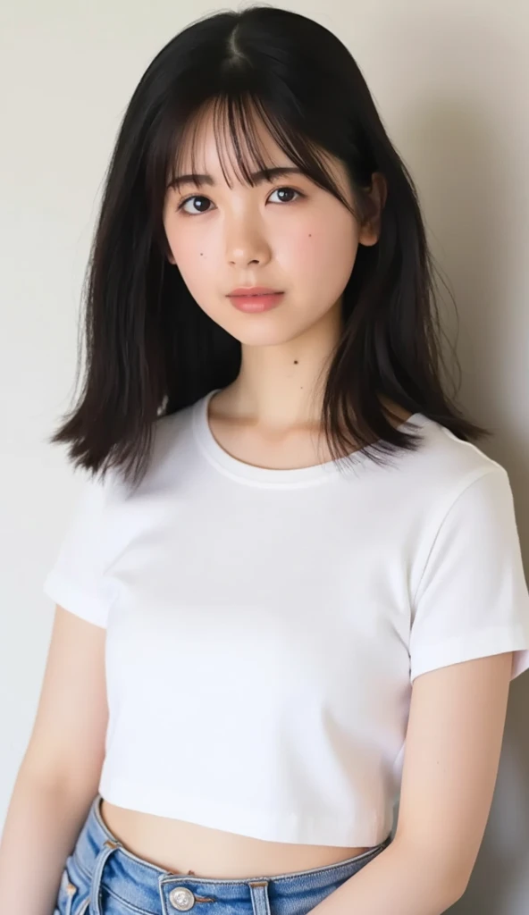 (highest quality,masterpiece:1.3,Ultra-high resolution,),(Very detailed,Caustics),(Photorealistic:1.4,RAW shooting,)Ultra-Realistic Capture,Very detailed,High resolution 16K human skin closeup。 Natural skin texture、,Pores、、、It must be detailed enough to be easily identifiable。 Skin tone is even and healthy looking。 Use natural light and color,20 years, mature, White T-shirt, Curved body, Huge breasts:2.0, Facing diagonally to the right, Coordinate the valleys