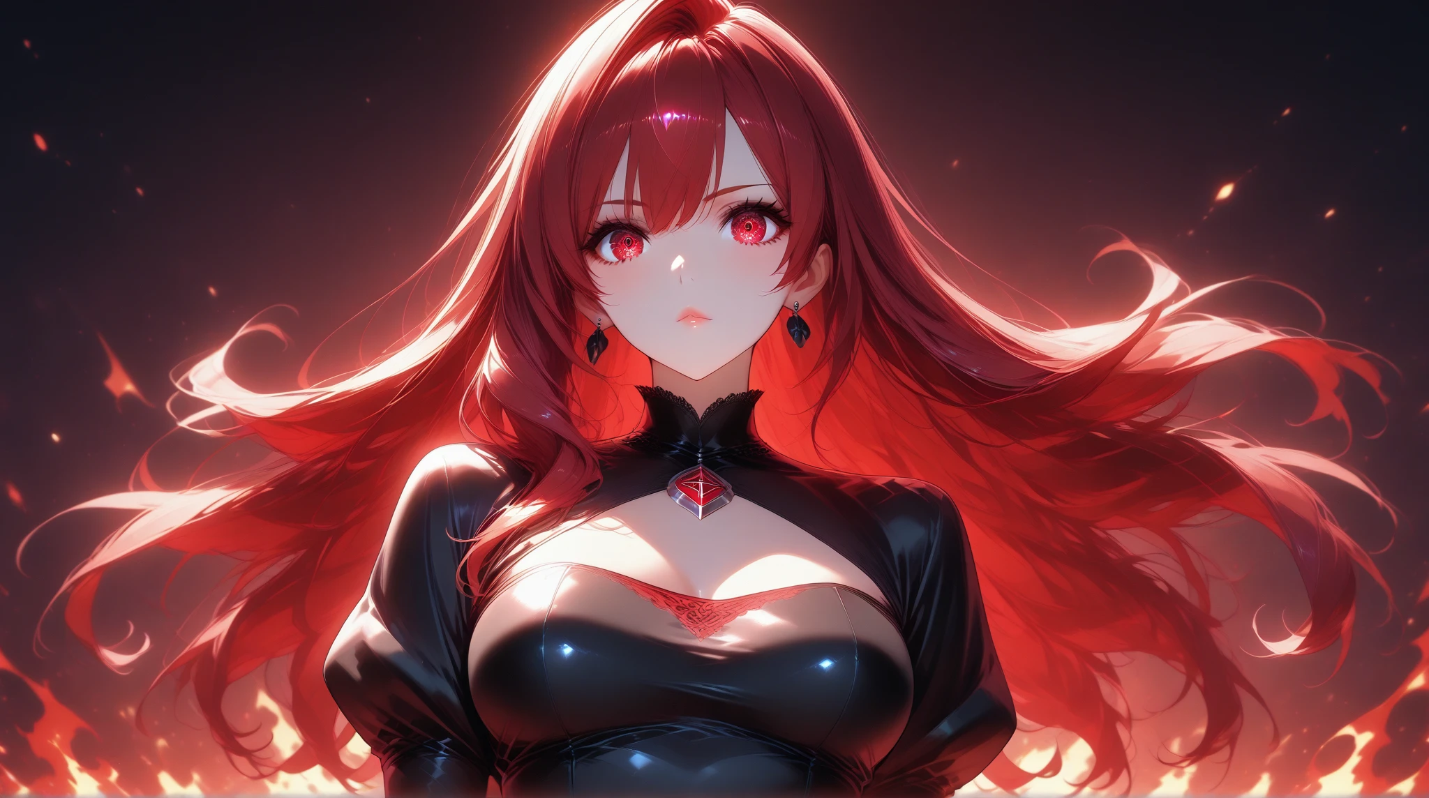 Princess of Darkness with Bloodshot Eyes, Red hair, diadems, Evil smile, Anime style, Lens Flare, high detailing, One-person viewpoint, Cinematic lighting, masutepiece, Super Detail, Best Quality, 8K, nffsw