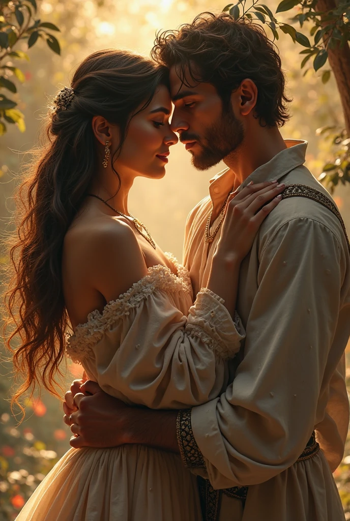 Beautiful girl with wavy long hair, bohemian dress, doing romance with muslim male, muslim cap and kissing infront of her husband