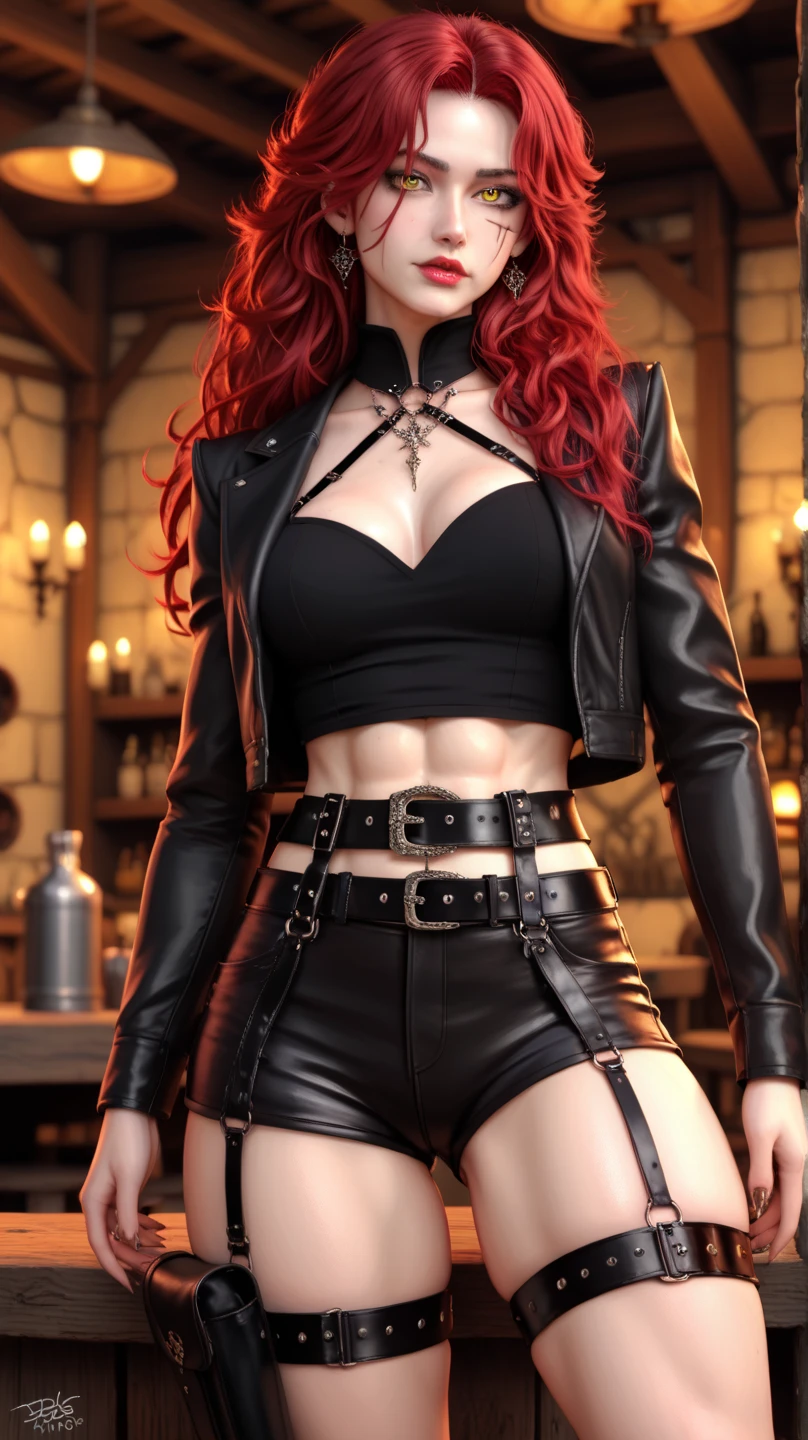 1girl, katarina from league of legends, star eye, blush, perfect illumination, red hair, green eyes, unreal engine, sidelighting, detailed face, bangs, bright skin, simple background, dark background, leather armor, midriff exposed, elf ears, Work Siren, tattoo on side of stomach, thigh high, medium shorts, happy, Black jacket,