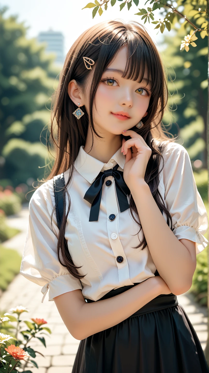 masterpiece , top quality , very detailed , 1 person, ((contrasting eyes)) , standing , blouse, skirt , bangs , room , indoor
