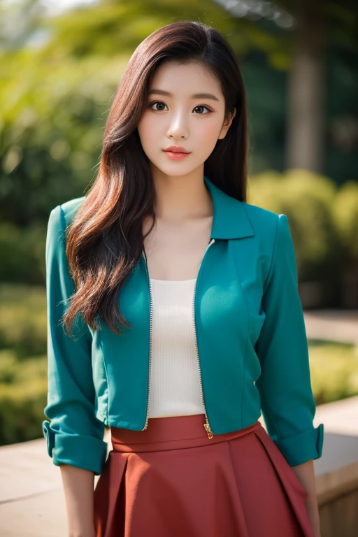(Highest quality、Ultra-high resolution)、(Full Body Portrait)、(Green blazer、shirt)、(Green long skirt:1.3)、(silk pantyhose:1.1、High heels)、Both legs look beautiful、Sitting pose、1 girl、(Large Breastodern architecture in the background、(((Perfect Anatomy, Body, Perfect hands, Perfect Face, Perfect Eyes, Accurate, Anatomically correct))), Perfectly clear and sharp focus, (Highest quality、Ultra-high resolution, masterpiece, Ultra-realistic)、Professional Lighting