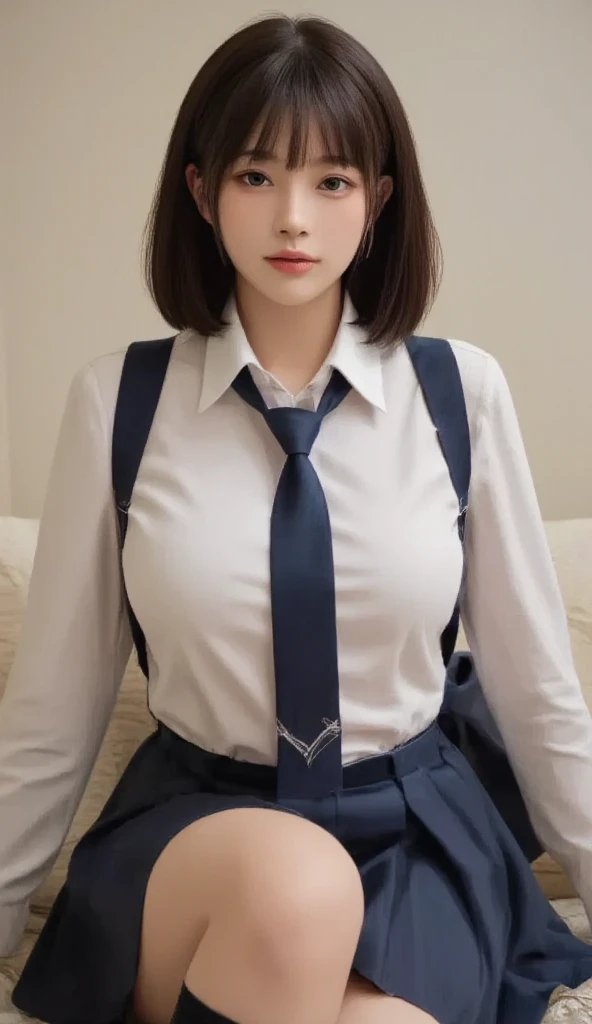 masutepiece, Best Quality, Illustration, Ultra-detailed, finely detail, hight resolution, 8K Wallpaper, Perfect dynamic composition, (Beautiful detailed eyes:1.1), ribon tie, high school uniform, frilled Mini skirt, wavy short bob hair, (gigantic breasts:1.2), Bold sexy poses, Smile, school, 18 years girl, (Cute1.3), Sexy shot looking at camera, cloudy, by the window, winter, sweater, knee socks, lite make up, curvy