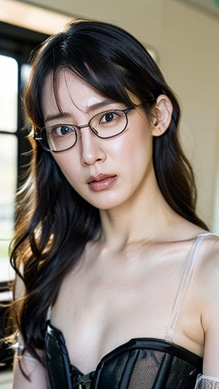 8k,masterpiece,high detailed,natrual light,realistic,the perspective is from below,a female giant,black short hair,mole under the eye in the left face ,fair skin,brown eyes,wearing rimless glasses and white mask,in heat ,naughty,whole body , golden ratio body,busty,wearing lab coat,black lingerie,realistic skin texture,purple collar,bending down .holding the boobs with both hands,(only one person in this picture),in a city