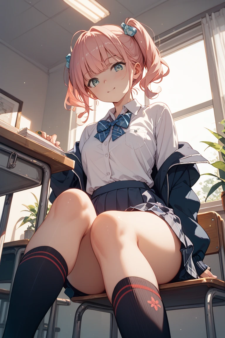 ((table top, highest quality, High resolution, perfect pixel, 4k ))), 1 girl, single, alone, beautiful woman、I could see the whole body、 ((short wavy hair, bangs, whitehair)), ((red eyes, beautiful eyelashes, realistic eyes)), ((detailed face, blush:1.2)), ((smooth texture:0.75, realistic texture:0.65, realistic:1.1, Anime CG style)), medium breasts, dynamic angle, perfect body, ((school uniform, white shirt, black skirt, unbuttoned shirt、plaid skirt、white socks)), classroom without people、sit at desk、..、evening、、、Very embarrassing panic smile、(lift the skirt with your right hand、open your legs、open your knees wide、pussy show, pussy line, pussy)、(pink lace bra)、angle from below, masturbation