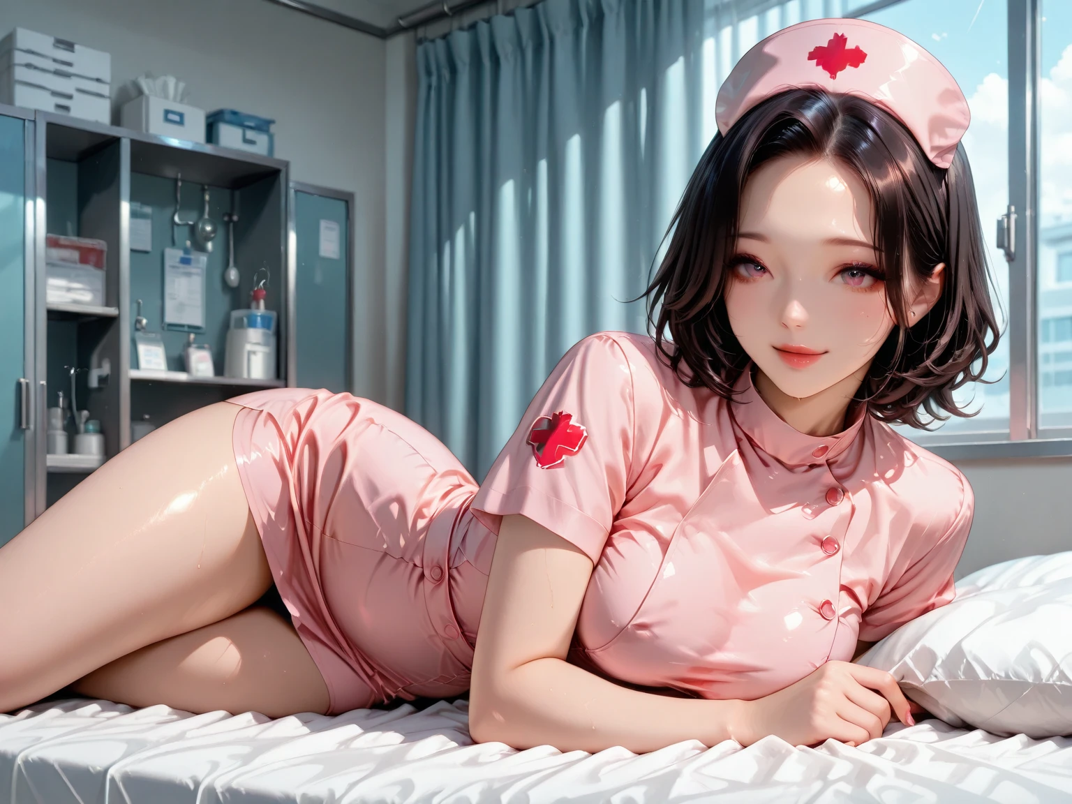 length hair（A dark-haired）Gal Nurse、Nurse、Idol face、full body Esbian、Mini Nurse Clothing（pink there）、Hospital Beds、Gravure Pose、Trying to stick a syringe、Kinda scary、large full breasts、Idol face、left hand、And bandaged on the right leg