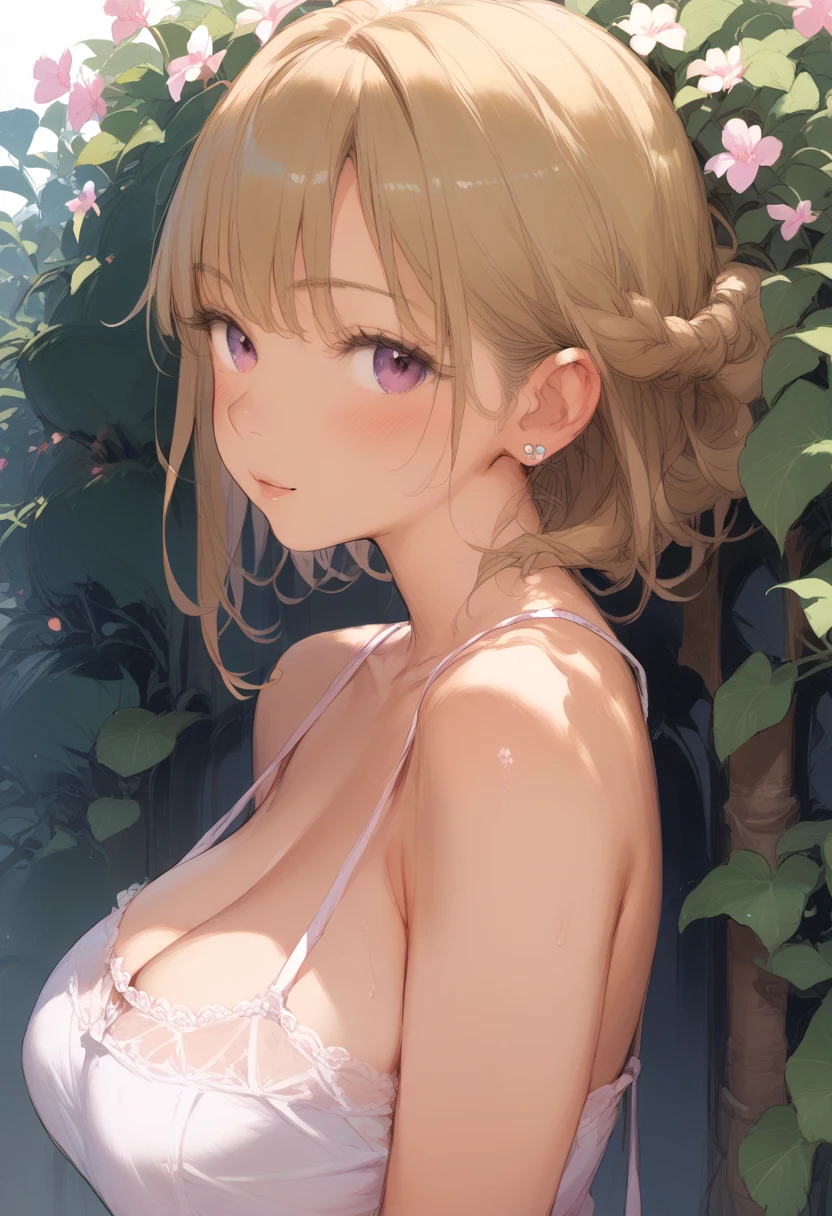 (masterpiece, best quality, absurdres), high quality, highres, ultra detailed, intricate, wallpaper, close-up, looking at viewer, beautiful woman, 1girl, parted lips, kei Karuizawa, small breasts, blonde hair, bangs, ponytail , detailed violet eyes, ((Super Realistic Detailed Eyes, glowing eyes)), beautiful face,smiling,close up to hips, beautiful breast, in the middle of flowers field, wearing beautiful wedding dress, (open mouth:0.4), illustration, detailed textures(realists), ultra-detailed, portrait style, vivid colors, soft lighting, blushing, mature, hair fluttering, evening light, cleavage, holding a bucket of flowers
