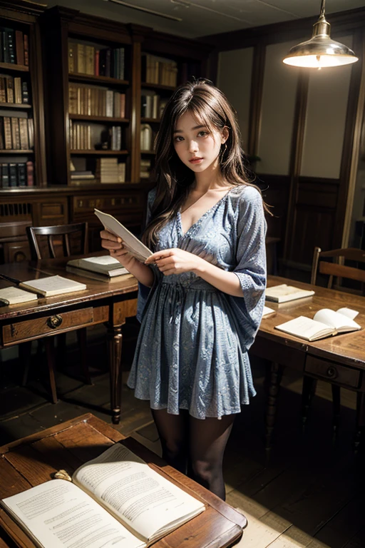 Please draw a picture of a cute girl。My hobby is reading。Reading a book。Sitting at a desk。Enthusiast。She is wearing a one-piece dress.、Hair is semi-long。