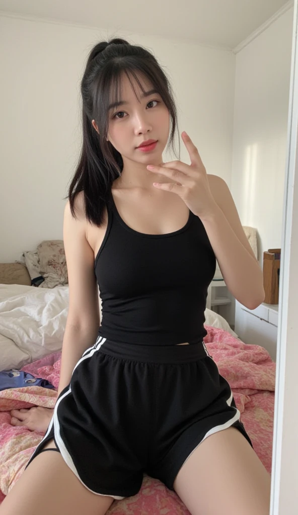 highly detailed face and outfit, ray tracing, 8k,  21 years old, model, tall, perfect body, passionate and cute look, long black hair, black eyes, sports outfit, sports top and tight nylon shorts, small firm breasts, light skin, sitting on table, legs spread wide open, hands at the back