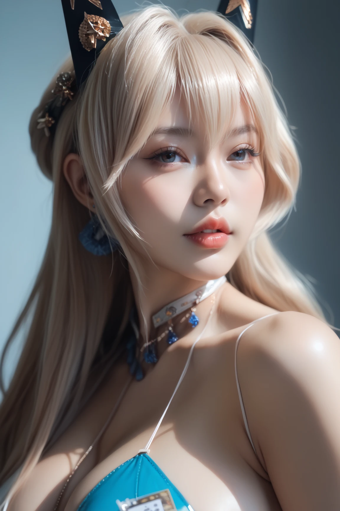 a hyper realistic ultra detailed photograph of a zendaya, bright expression、Young shiny shiny white shiny skin、Best Looks、Blonde reflected light、piper perri , latinum blonde hair with dazzling highlights、shiny light hair,、Super long silky straight hair、Beautiful bangs that shine、Glowing crystal clear attractive big blue eyes、Very beautiful nice cute girl、Lush bust、skin is delicate,Head up,Huge mouth,looking at me,((Complete throat),((heav breathing)),(uvula),Wearing sweat,suspending),The dress drips,Ultra-low neck dress,No underwear,pantyless,long layered silvery white hair,water spray