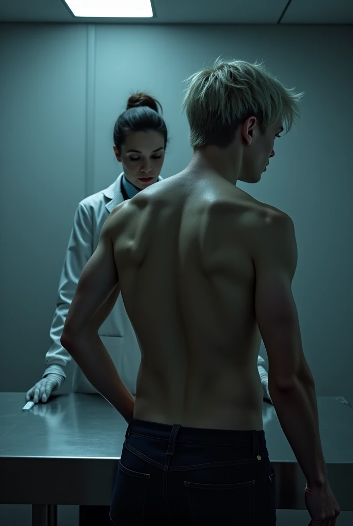 Strong and virile military man without a beard and short hair, in black swim trunks, taking off his underwear in front of a female doctor, with a pistol in hand.