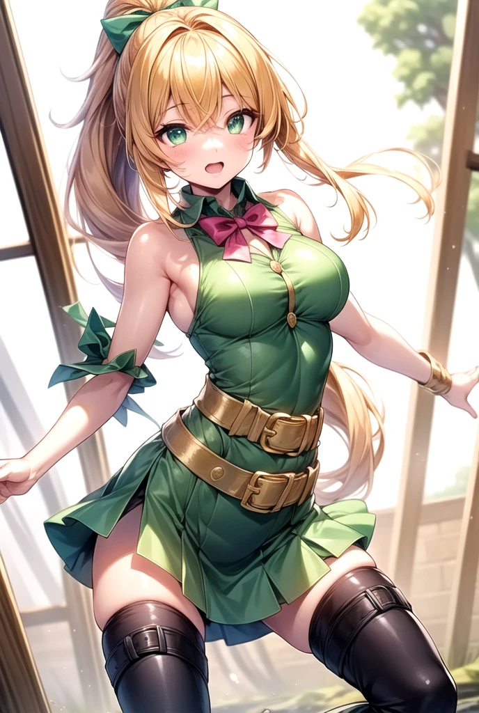 OverallDetail,
 <lora:alchemyROV1.2:0.75>,alchemyRO, 1girl, belt, boots, cape, cleavage, elbow gloves, fingerless gloves, full body, fur trim, gloves, knee boots, medium breasts, skirt,
blonde hair, green eye, ((twintails)), (detailed hand), ((hands on hips)), angry, blush, embarrassed, open mouth,
 looking at viewer, sitting, sittin on table, 
indoor, potion bottle, potion glass, classroom,