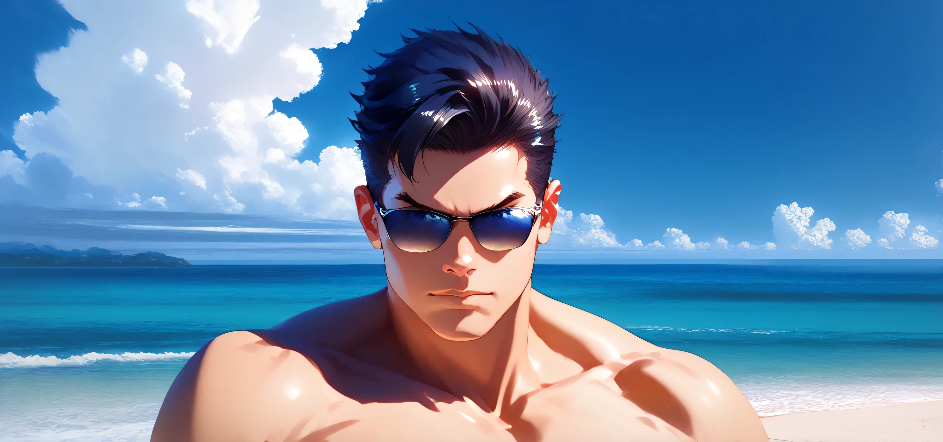 A faceless musuclar man striking an OBJECTION pose at the beach, closeup portrait, he is pointing dramatically, short black hair, wearing sunglasses, wearing blue swim trunks, shirtless, susicious expression, detailed, Masterpiece, beach background,