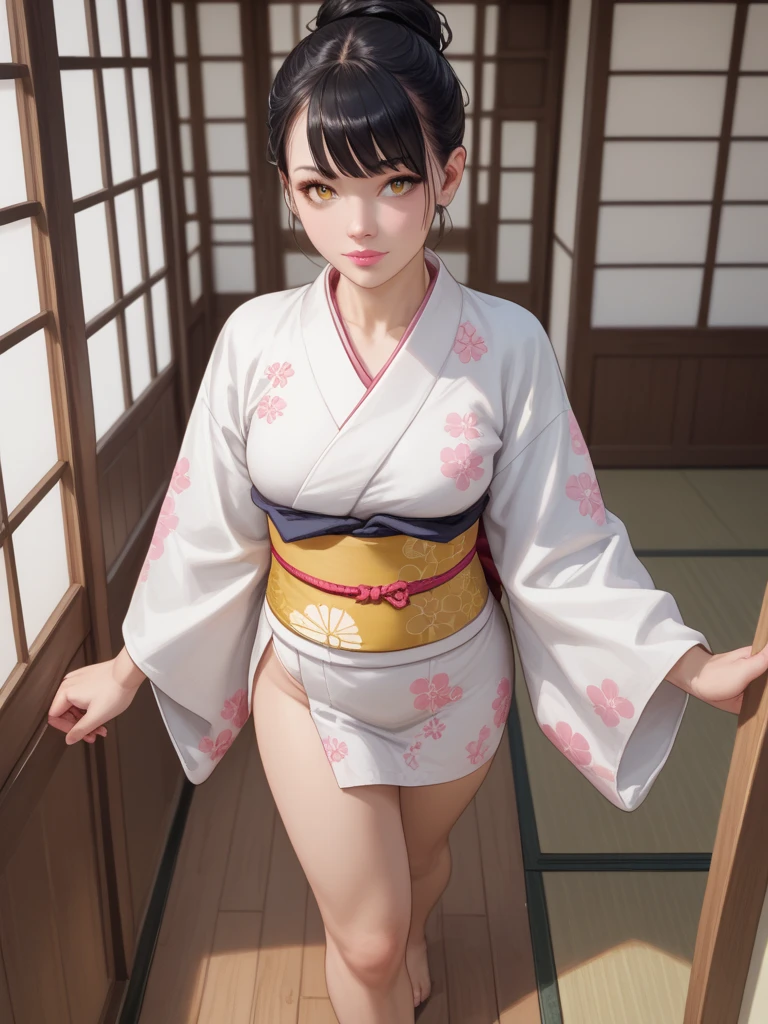 11-year-old girl、、Emphasize small cleavage、Japanese-style room with tatami (woven-straw) flooring (Straw weave) Flooring、Wear a white floral yukata、One-sidedoff-shoulder((Highest quality))face real、(1. Glowing Skin.4)Extreme close-up from below(((sexy)))((masterpiece)、(1. Glowing Skin.1.4)Thigh Emphasis、((Tatami room))、(((11-year-old girl)))black braid hair、sexy pose、、、(Various poses)